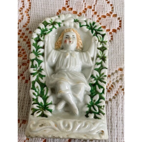 Antique German Porcelain Figurine Of Girl On Swing In Floral Arch - Picture 6 of 9